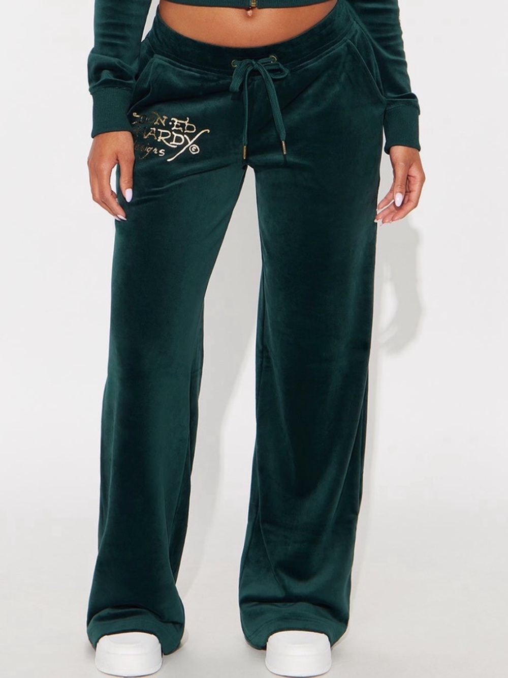 Ed Hardy Dark Green Wide-Leg Velour Pants with Gold Logo